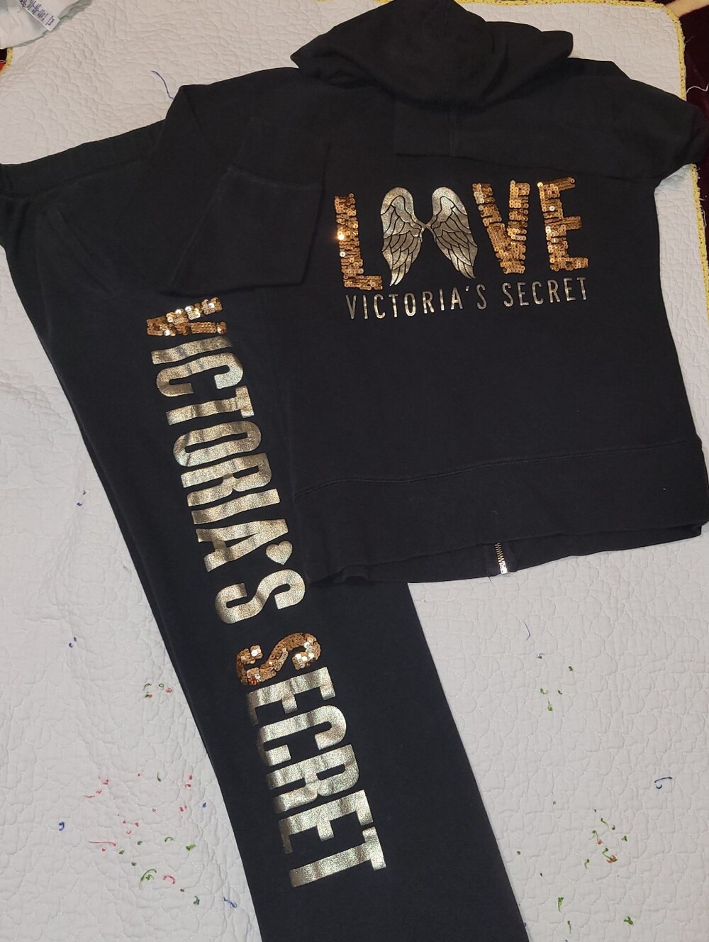 Victoria's Secret Black & Gold 'LOVE' Sequin Hood & Pant Suit Set